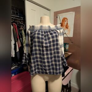 Loft‎ Blue Plaid Flannel Off Shoulder Tunic Top Size  Small